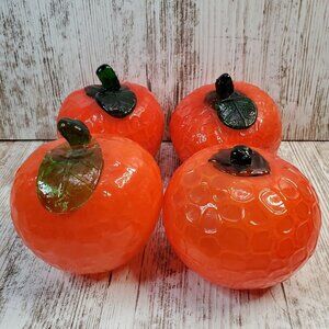 Blown Art Glass Textured  Orange Fruit w/ Green Stem Paperweights 3.5" Diameter